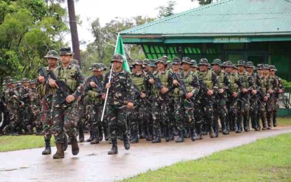 <p><strong>ANTI-NPA DRIVE.</strong> Soldiers march after their training in a camp in Hinabangan, Samar to fight the New People's Army in Eastern Visayas. The Philippine Army is gaining grounds on its drive to wipe out insurgents in Samar provinces with the seizure of high-powered firearms and the discovery of a rebel’s lair on Sunday (Nov. 3, 2019). <em>(Photo by Philippine Army)</em></p>